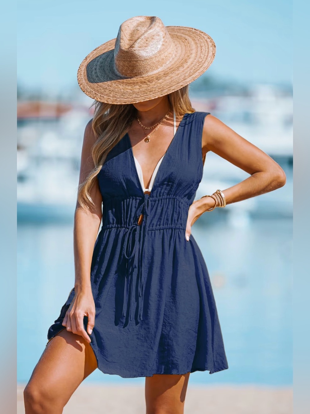 Cupshe Navy V-Neck Swim Cover-Up Dress Sz Medium NWT Resort Wear Vacation Ready